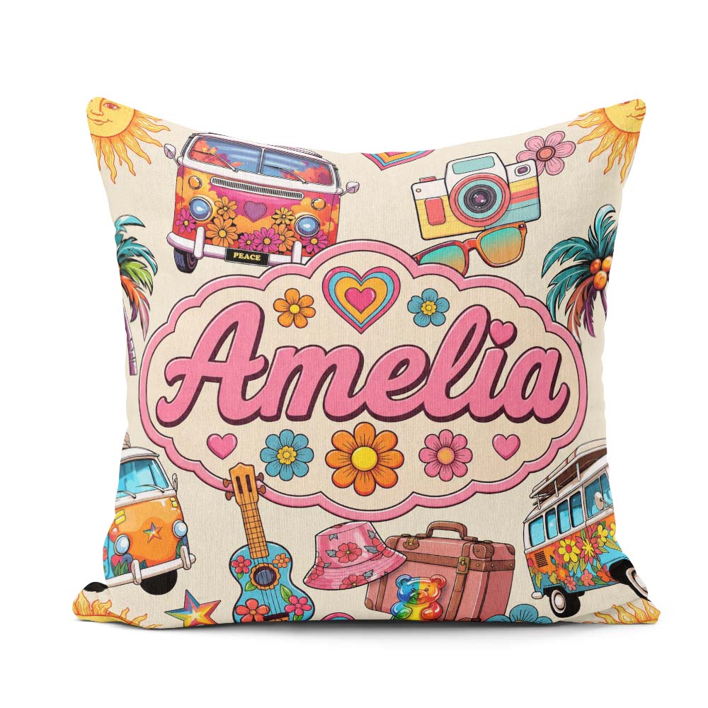Custom Name Hippie Camera Guitar Floral Travel Beige Background Square Filled Cushion Throw Pillow Sofa Bed Home Decor Zip Washable UK Made