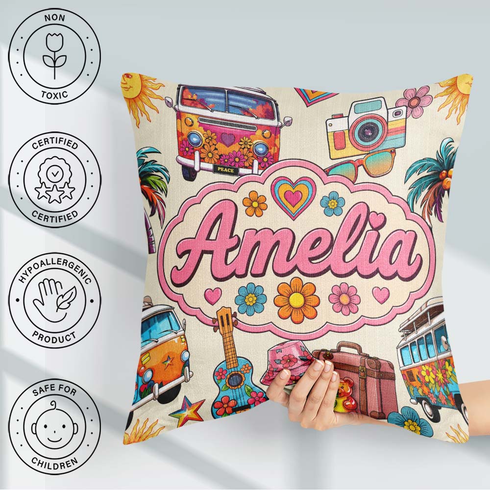 Custom Name Hippie Camera Guitar Floral Travel Beige Background Square Filled Cushion Throw Pillow Sofa Bed Home Decor Zip Washable UK Made