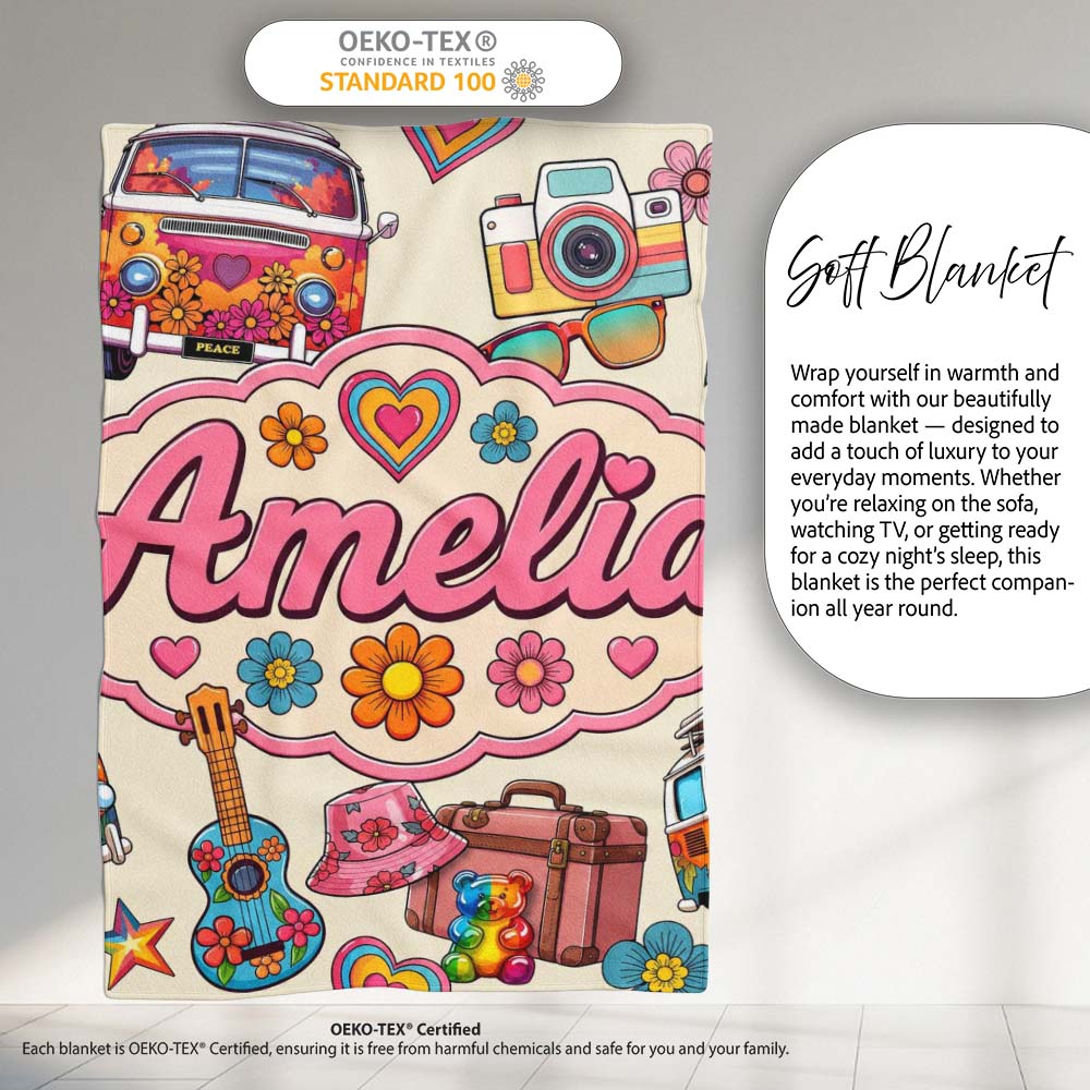 Hippie Van Camera Guitar Floral Travel Beige Background Seamless Personalised Custom Name Super Soft Fleece Blanket Bed Sofa Throw