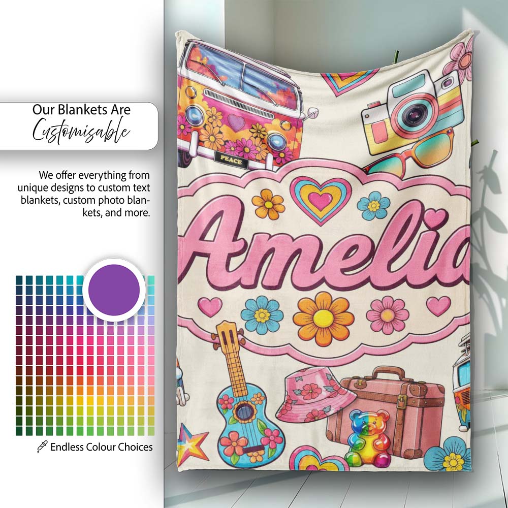 Hippie Van Camera Guitar Floral Travel Beige Background Seamless Personalised Custom Name Super Soft Fleece Blanket Bed Sofa Throw