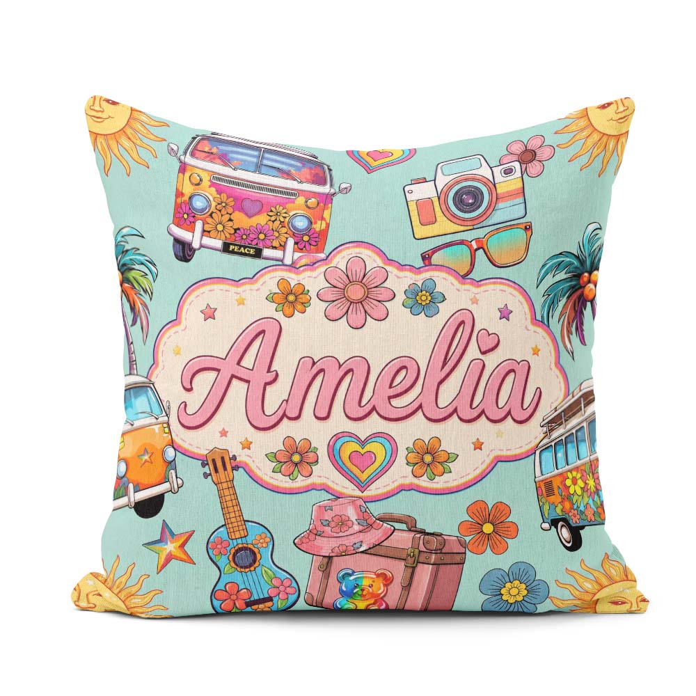 Custom Name Hippie Van Camera Guitar Floral Travel Mint Seamless Square Filled Cushion Throw Pillow Sofa Bed Home Decor Zip Washable UK Made
