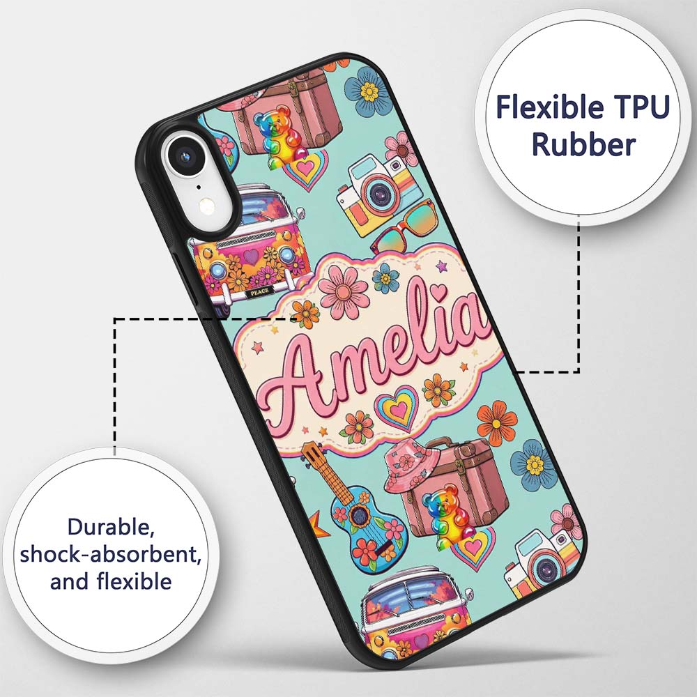 Hippie Van Camera Guitar Floral Printed Design Custom Name Protective Phone Case Mobile Cover Durable Everyday Smartphone Shock Resistant