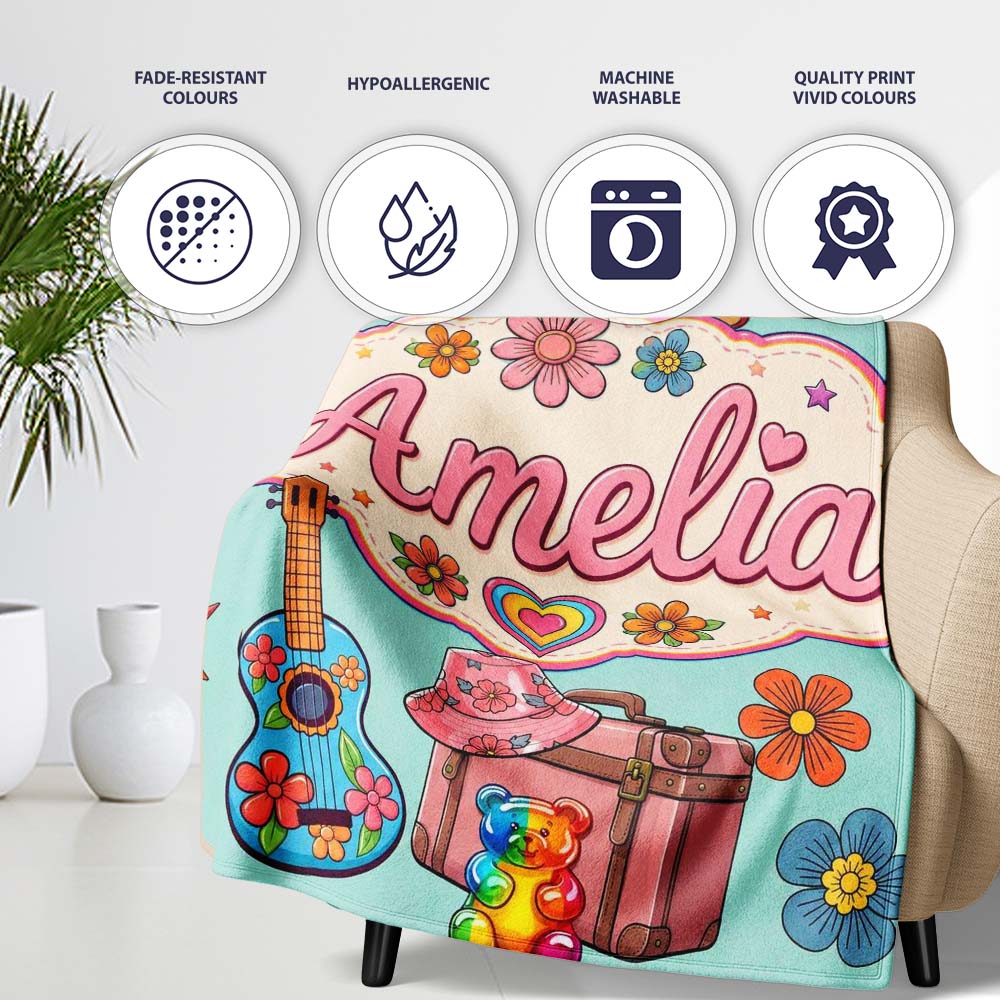 Hippie Van Camera Guitar Floral Travel Mint Background Seamless Personalised Custom Name Super Soft Fleece Blanket Bed Sofa Throw