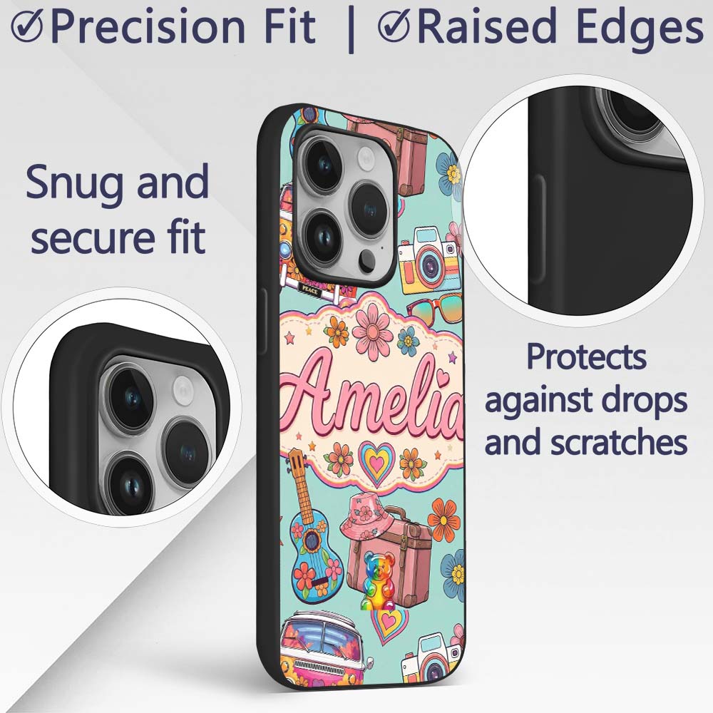 Hippie Van Camera Guitar Floral Printed Design Custom Name Protective Phone Case Mobile Cover Durable Everyday Smartphone Shock Resistant