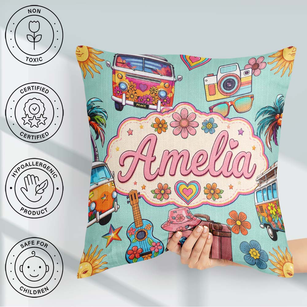 Custom Name Hippie Van Camera Guitar Floral Travel Mint Seamless Square Filled Cushion Throw Pillow Sofa Bed Home Decor Zip Washable UK Made