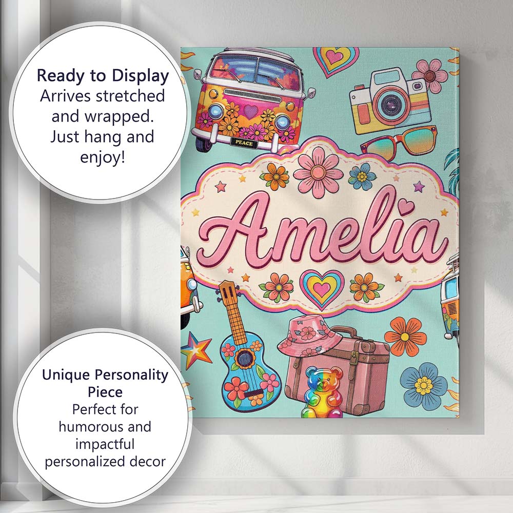 Personalised Name Hippie Van Camera Guitar Custom Unique Gift Idea Elegant Feature Canvas Wall Art Print Decor Picture Ready to Hang