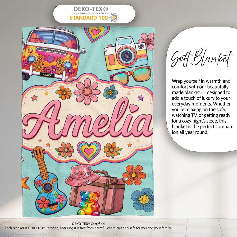 Hippie Van Camera Guitar Floral Travel Mint Background Seamless Personalised Custom Name Super Soft Fleece Blanket Bed Sofa Throw