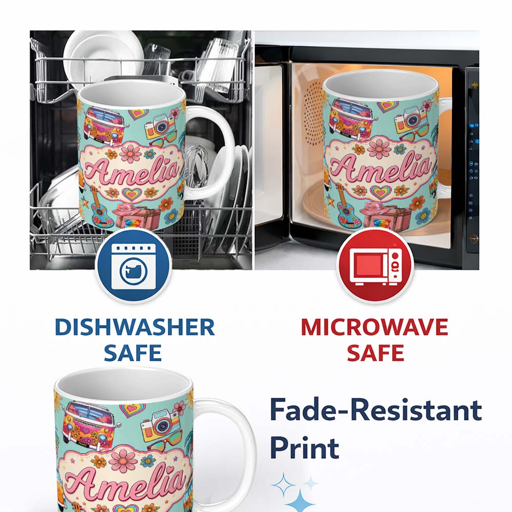 Personalized Custom Name Hippie Van Camera Guitar Floral Travel Mint Background Seamless 11oz Ceramic Coffee Tea Mug White Large Handle