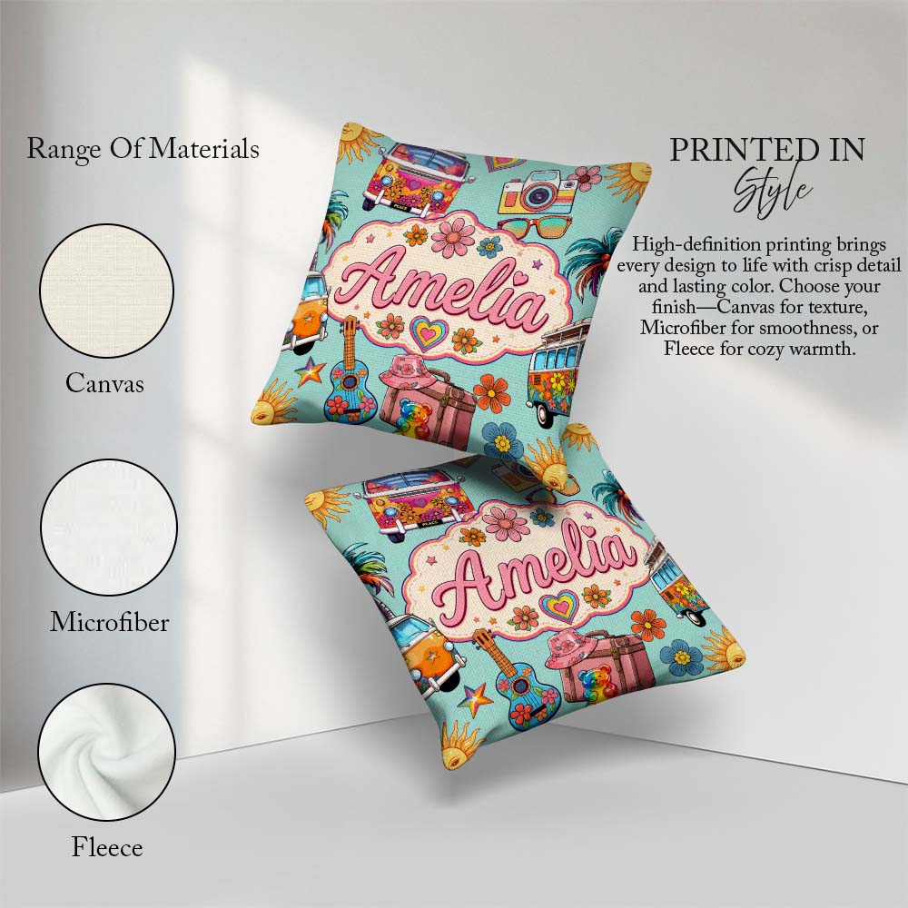 Custom Name Hippie Van Camera Guitar Floral Travel Mint Seamless Square Filled Cushion Throw Pillow Sofa Bed Home Decor Zip Washable UK Made