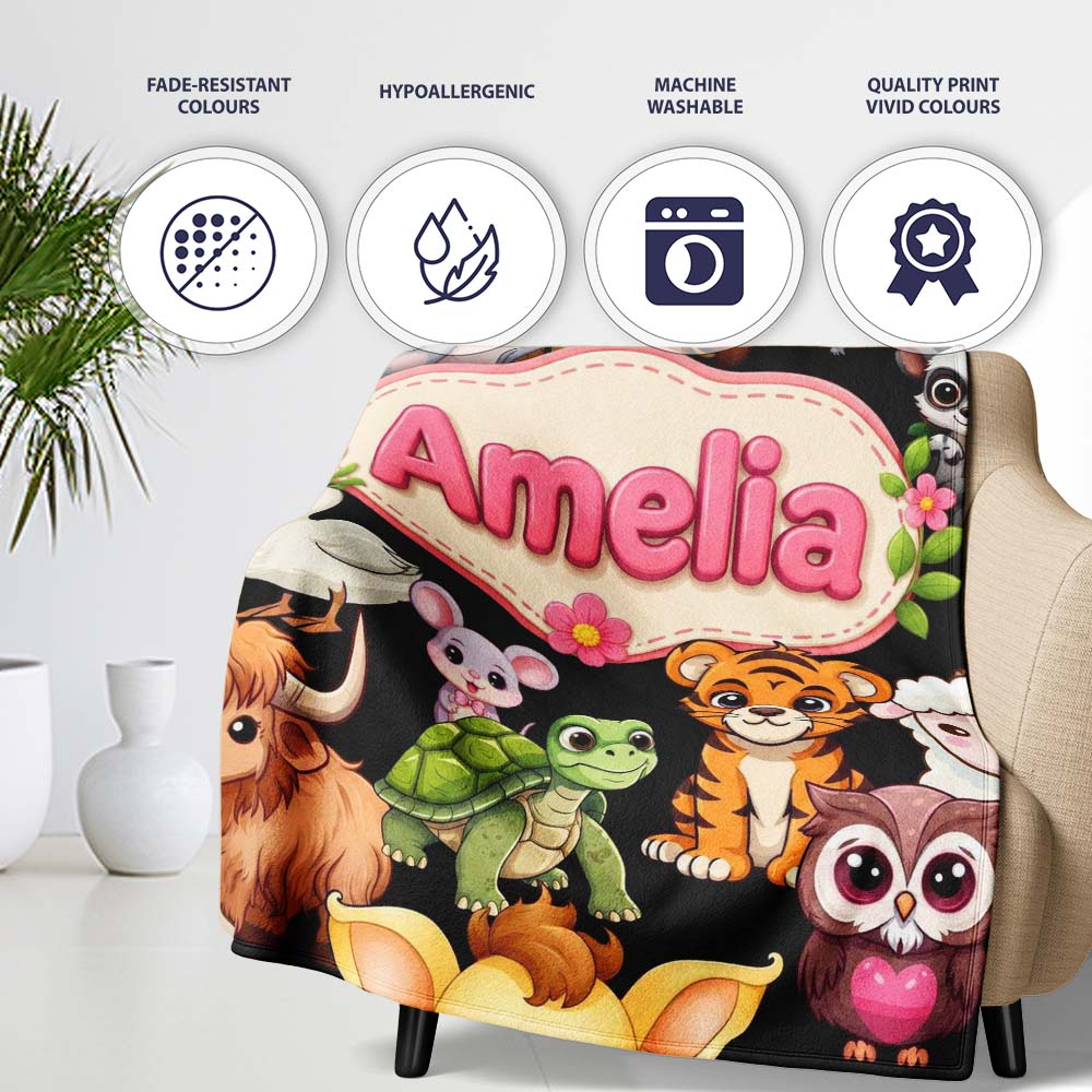 Cute Cartoon Jungle Safari Animals Seamless Pattern on Black Lovely Personalised Custom Name Super Soft Fleece Blanket Bed Sofa Throw