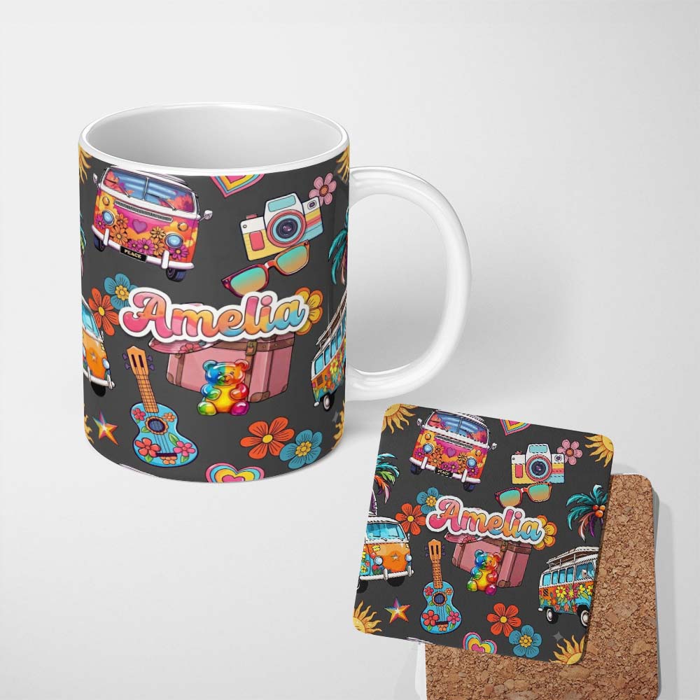 Personalized Custom Name Hippie Van Camera Guitar Floral Travel Black Background Seamless 11oz Ceramic Coffee Tea Mug White Large Handle