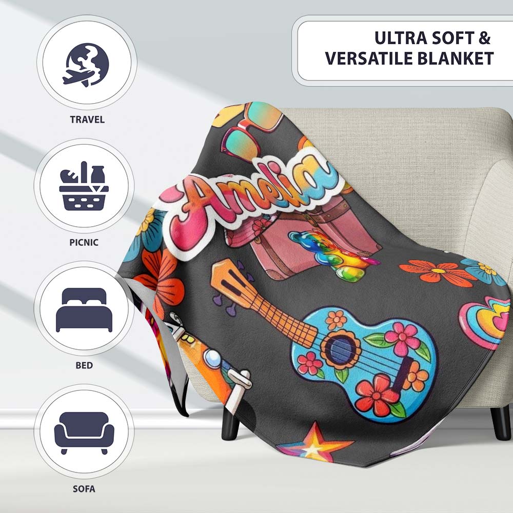 Hippie Van Camera Guitar Floral Travel Black Background Seamless Personalised Custom Name Super Soft Fleece Blanket Bed Sofa Throw