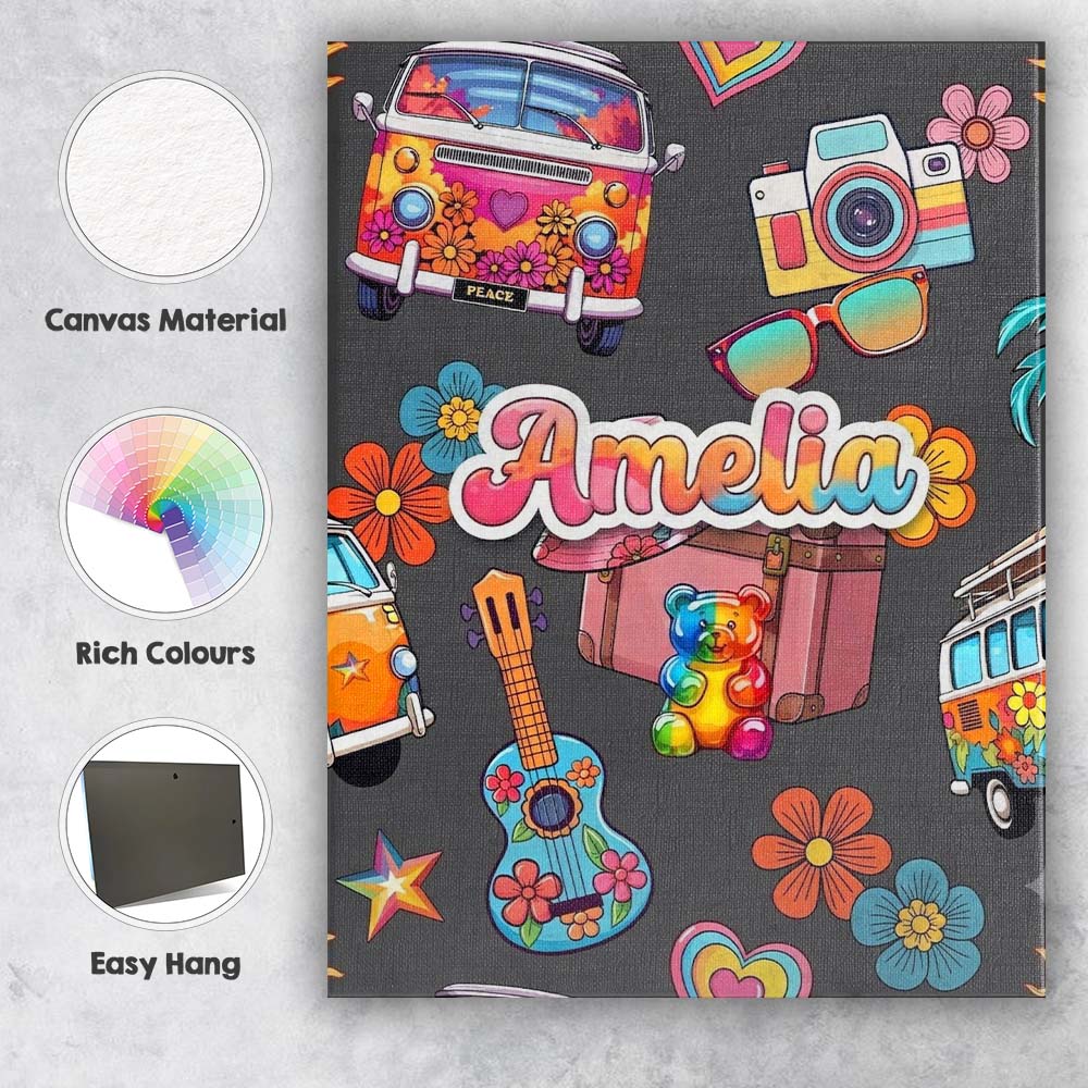 Personalised Name Hippie Van Camera Guitar Custom Unique Gift Idea Elegant Feature Canvas Wall Art Print Decor Picture Ready to Hang