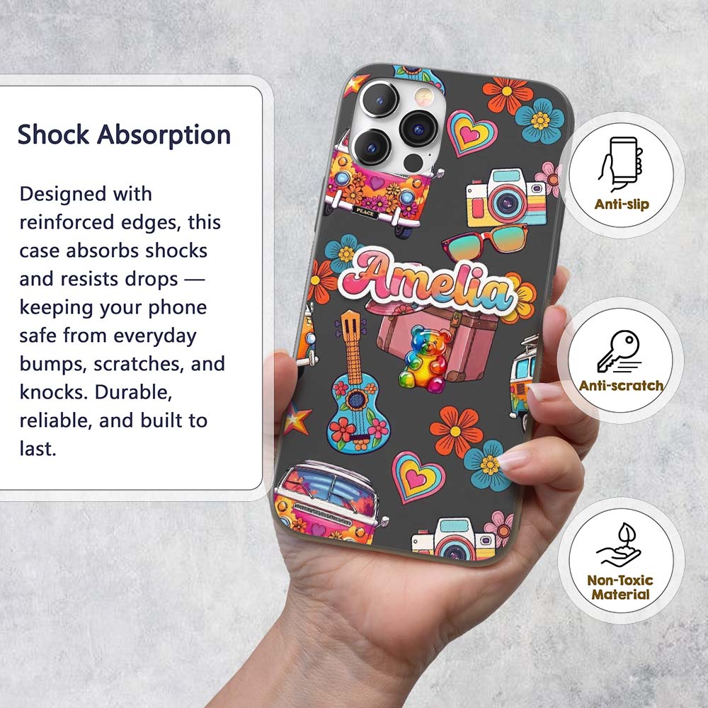 Hippie Van Camera Guitar Floral Travel Black Custom Name Protective Phone Case Mobile Cover Durable Everyday Smartphone Shock Resistant