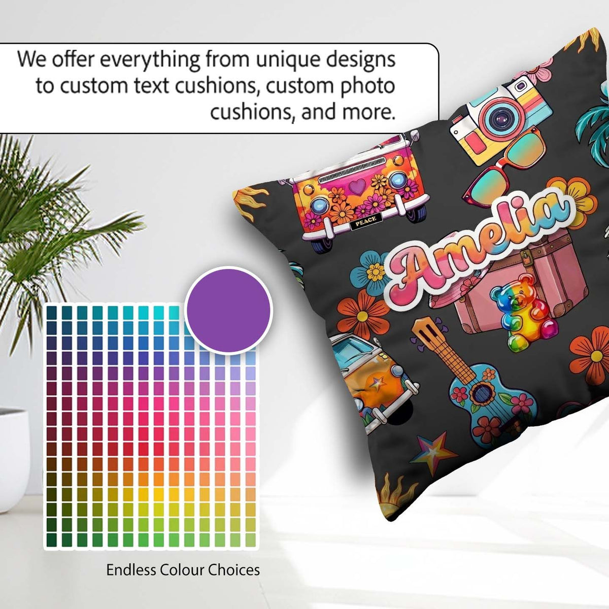 Custom Name Hippie Camera Guitar Floral Travel Black Background Square Filled Cushion Throw Pillow Sofa Bed Home Decor Zip Washable UK Made