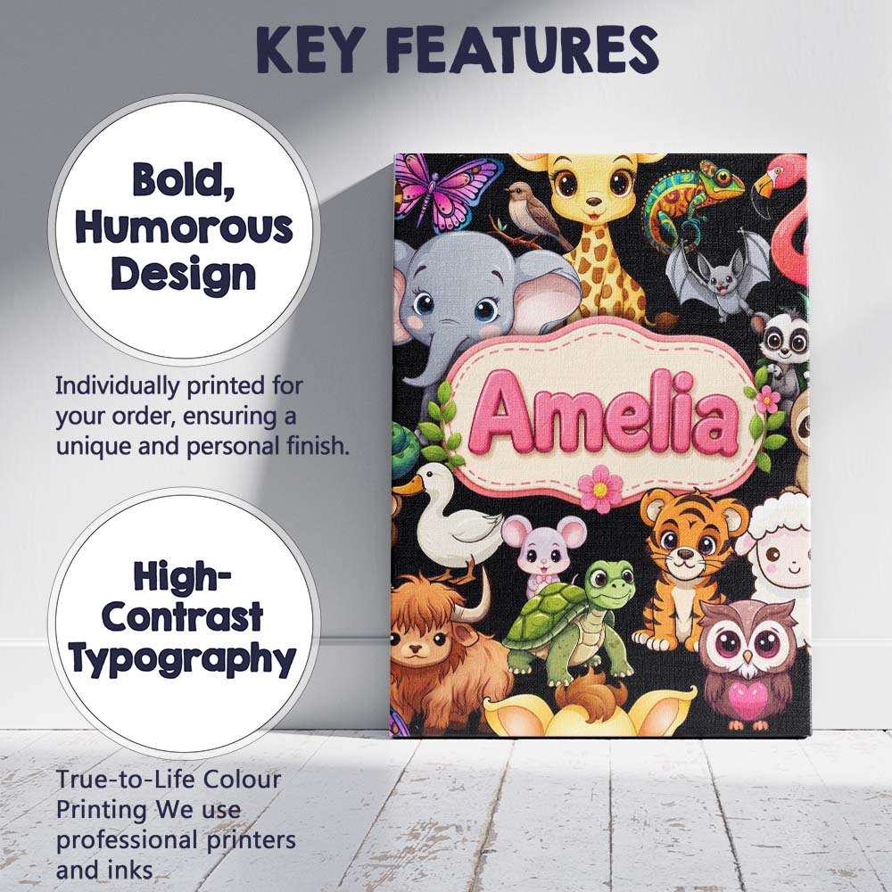 Personalised Name Cute Cartoon Jungle Custom Modern Room Accent Creative Decorator Style Canvas Wall Art Print Decor Picture Ready to Hang