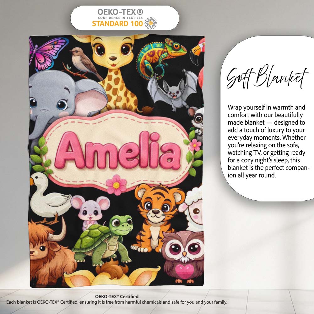 Cute Cartoon Jungle Safari Animals Seamless Pattern on Black Lovely Personalised Custom Name Super Soft Fleece Blanket Bed Sofa Throw