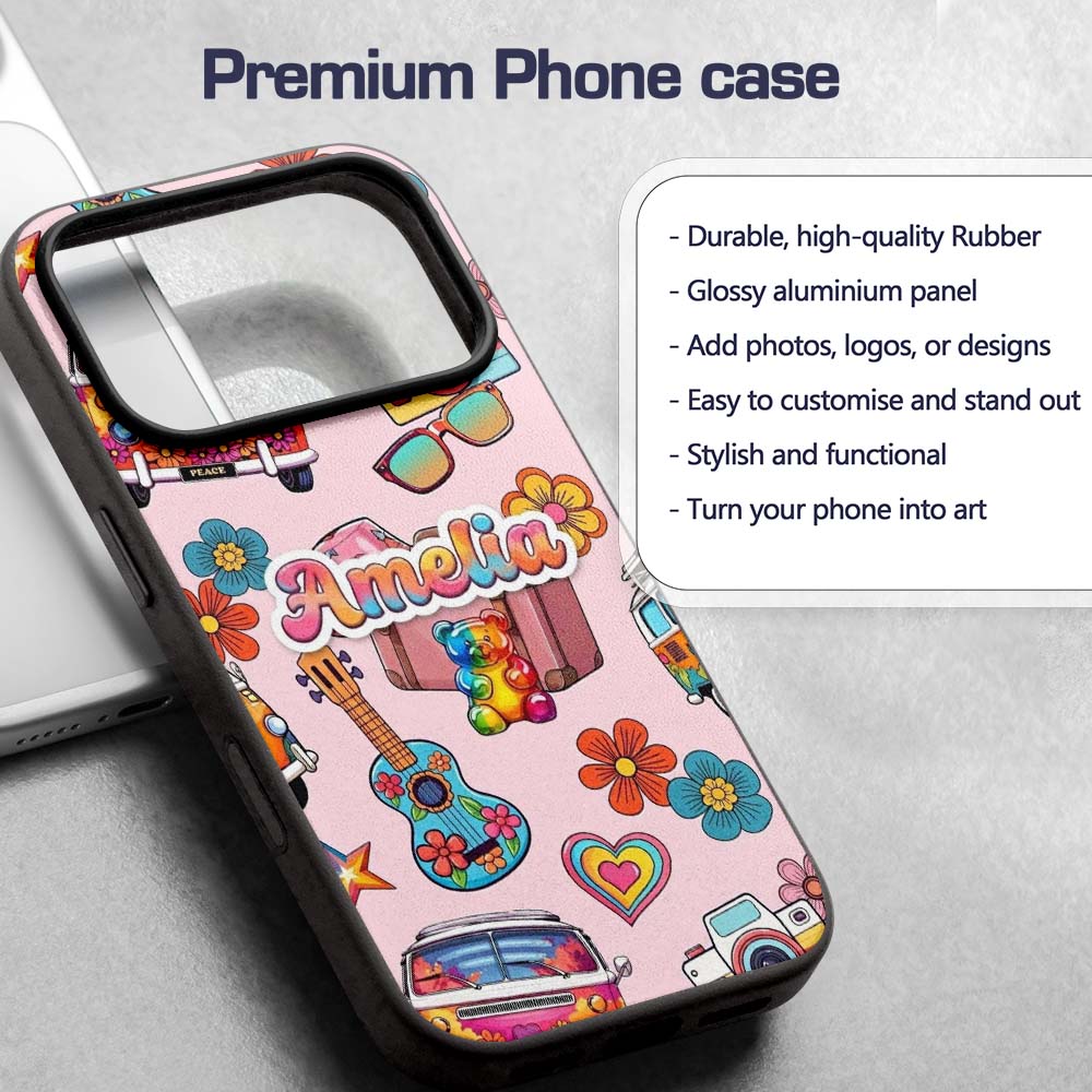 Hippie Van Camera Guitar Floral Travel Light Pink Custom Name Protective Phone Case Mobile Cover Durable Everyday Smartphone Shock Resistant