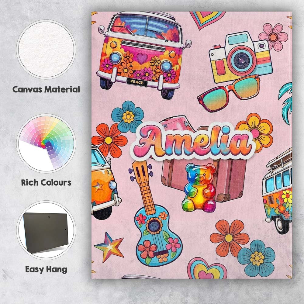 Personalised Name Hippie Van Camera Guitar Custom Unique Gift Idea Elegant Feature Canvas Wall Art Print Decor Picture Ready to Hang