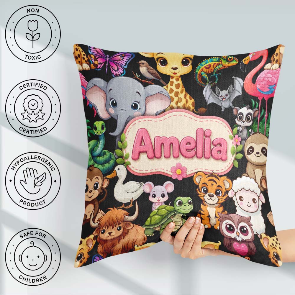 Custom Name Cute Cartoon Jungle Safari Animals Seamless on Black Square Filled Cushion Throw Pillow Sofa Bed Home Decor Zip Washable UK Made