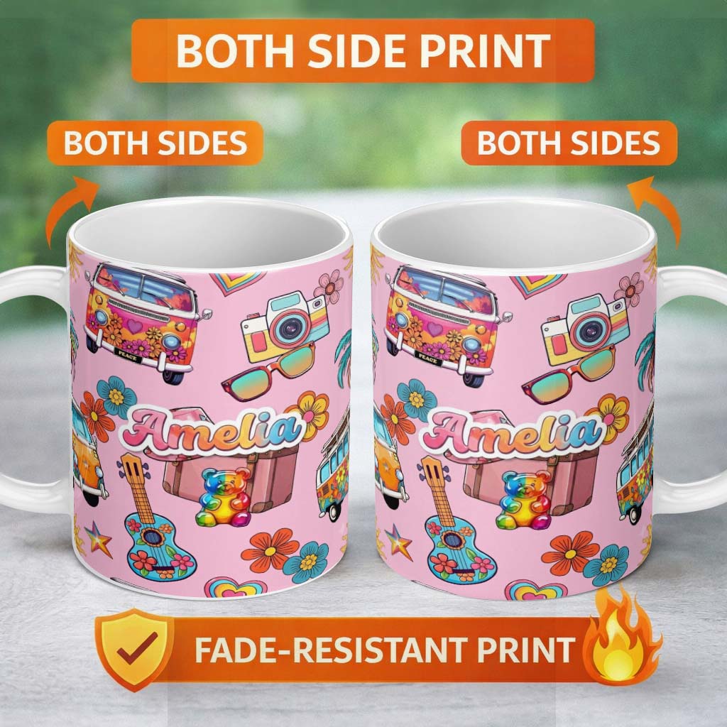 Personalized Custom Name Hippie Van Camera Guitar Floral Travel Soft Pink Background 11oz Ceramic Coffee Tea Mug White Large Handle