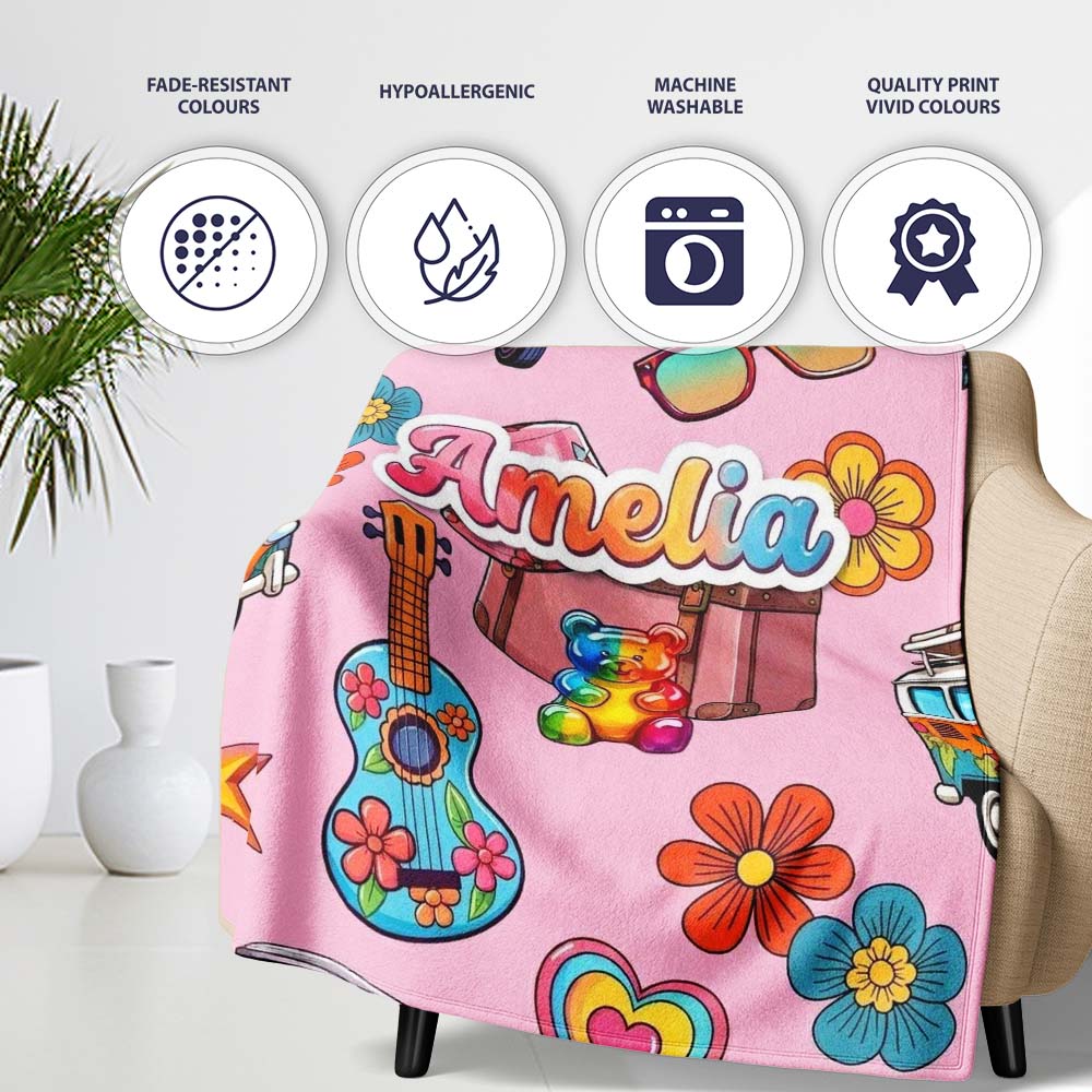 Hippie Van Camera Guitar Floral Travel Soft Pink Background Personalised Custom Name Super Soft Fleece Blanket Bed Sofa Throw