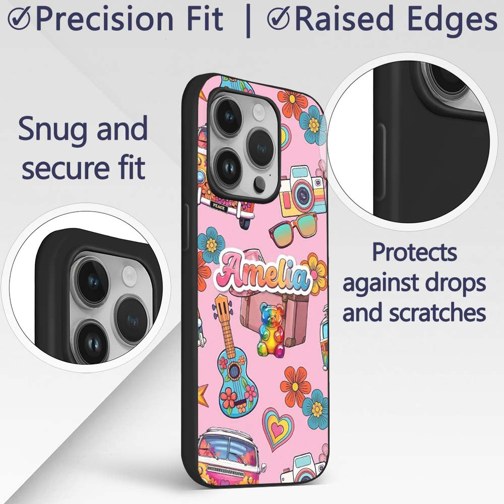 Hippie Van Camera Guitar Floral Travel Soft Pink Custom Name Protective Phone Case Mobile Cover Durable Everyday Smartphone Shock Resistant