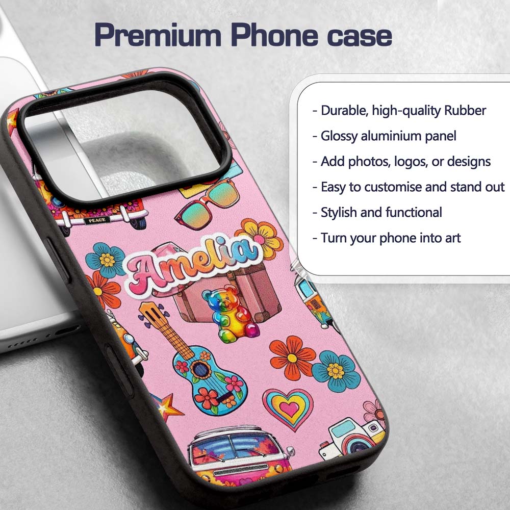 Hippie Van Camera Guitar Floral Travel Soft Pink Custom Name Protective Phone Case Mobile Cover Durable Everyday Smartphone Shock Resistant