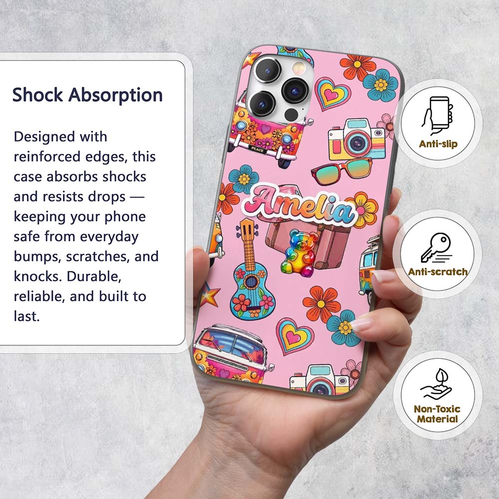 Hippie Van Camera Guitar Floral Travel Soft Pink Custom Name Protective Phone Case Mobile Cover Durable Everyday Smartphone Shock Resistant
