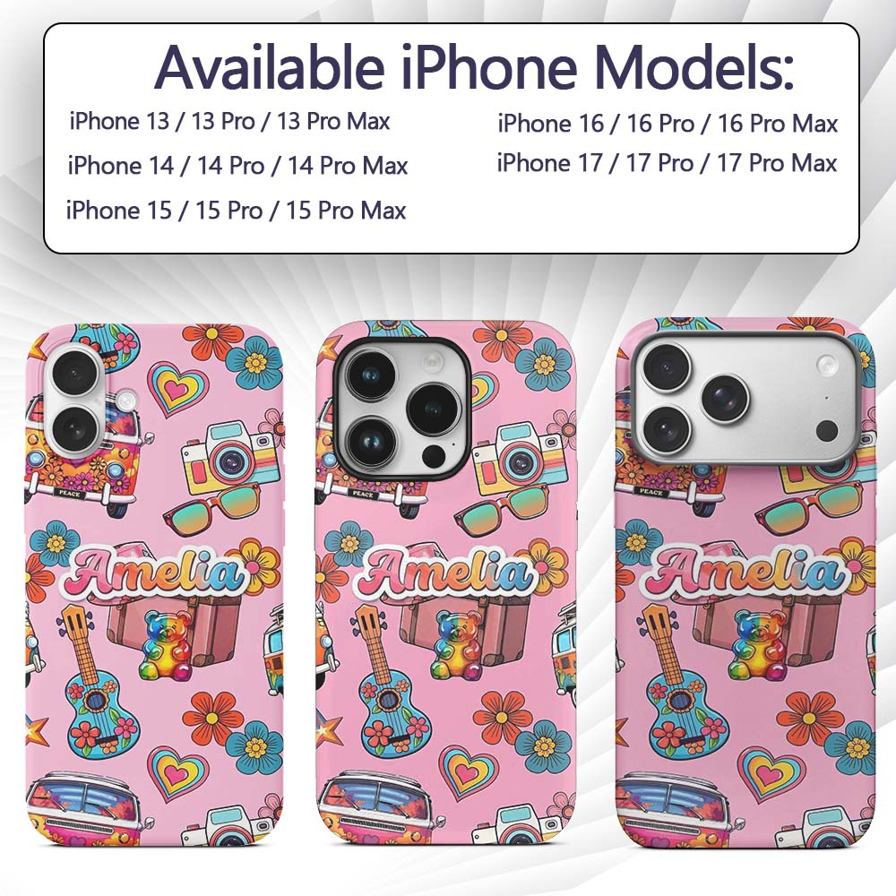 Hippie Van Camera Guitar Floral Travel Soft Pink Custom Name Protective Phone Case Mobile Cover Durable Everyday Smartphone Shock Resistant