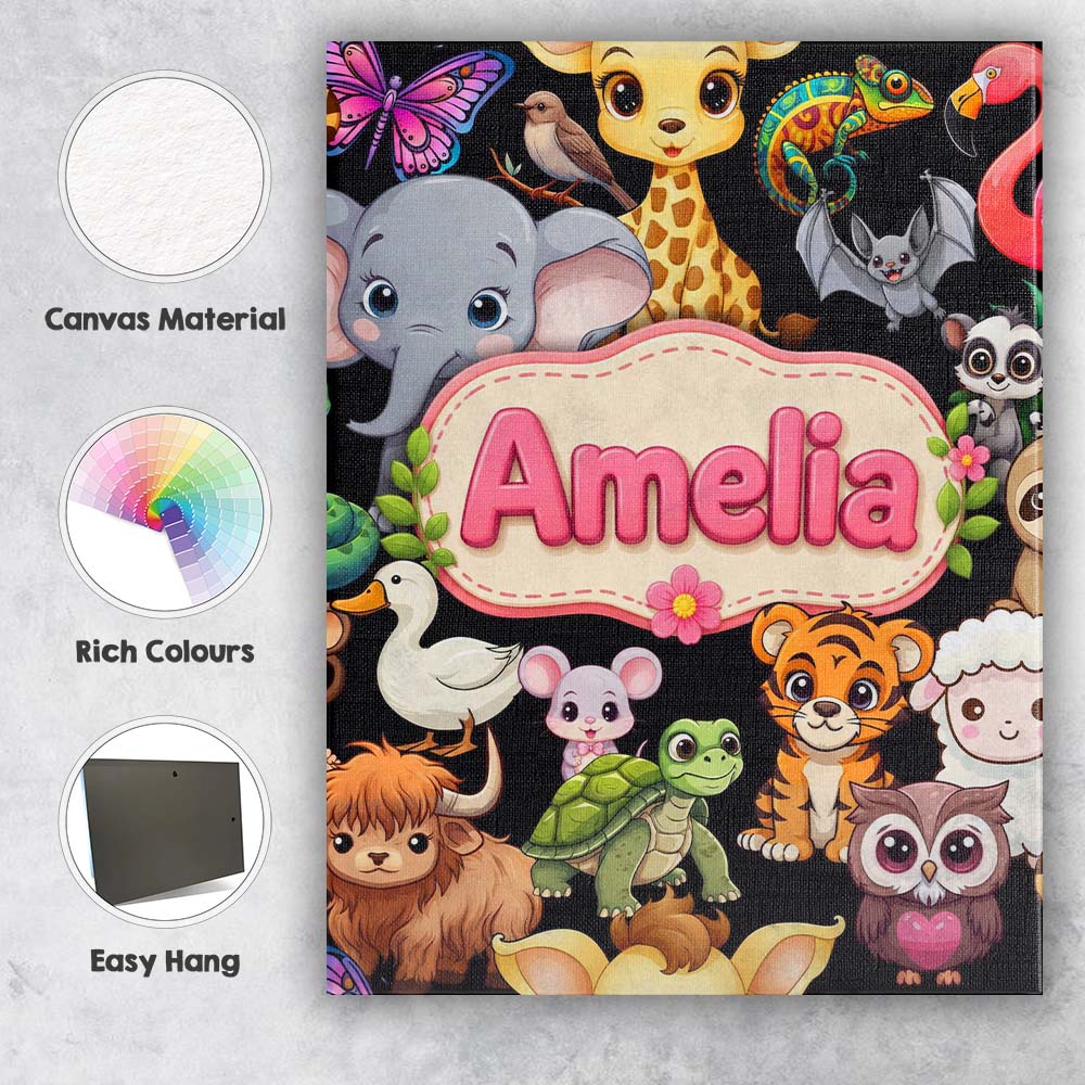 Personalised Name Cute Cartoon Jungle Custom Modern Room Accent Creative Decorator Style Canvas Wall Art Print Decor Picture Ready to Hang