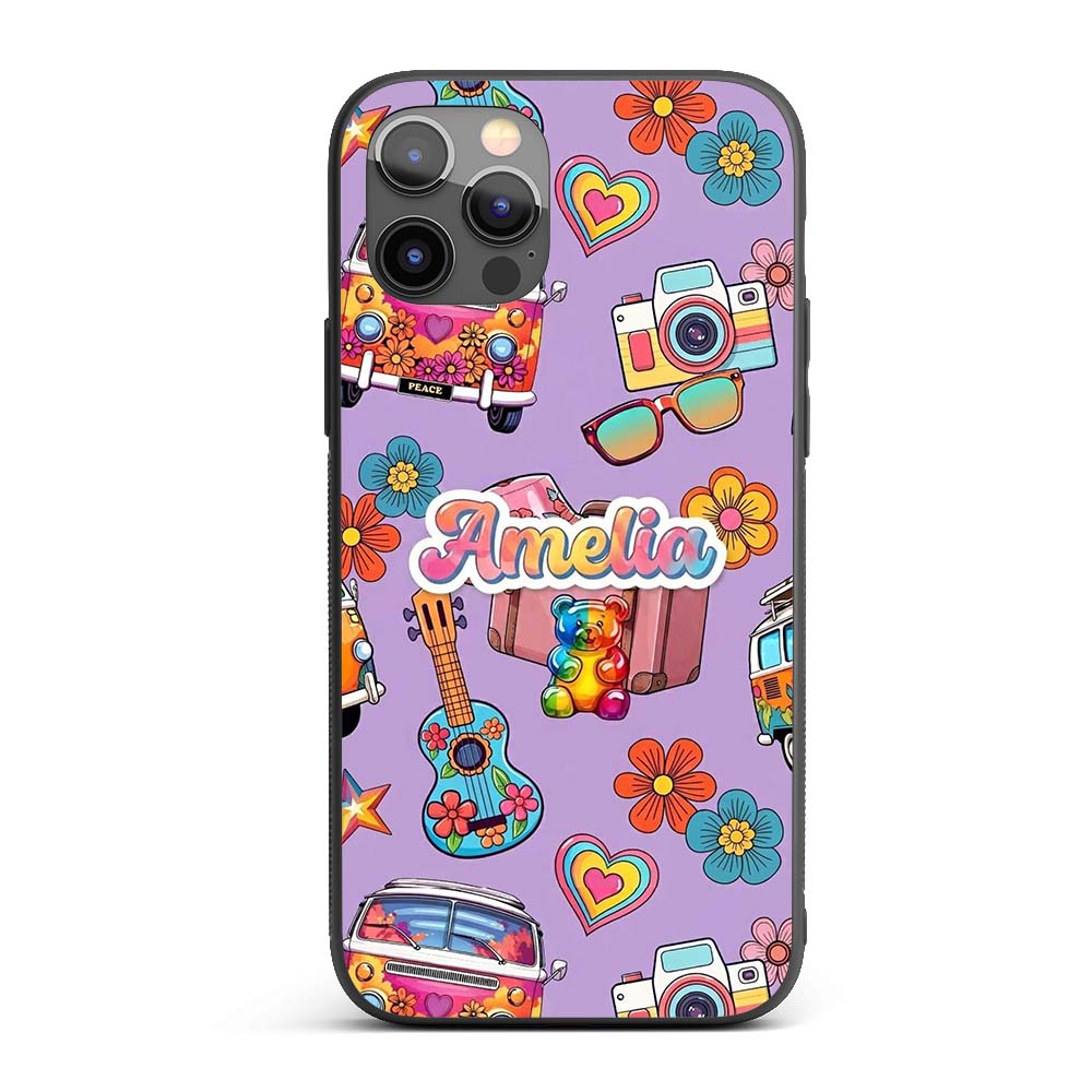 Hippie Van Camera Guitar Floral Travel Lavender Custom Name Protective Phone Case Mobile Cover Durable Everyday Smartphone Shock Resistant