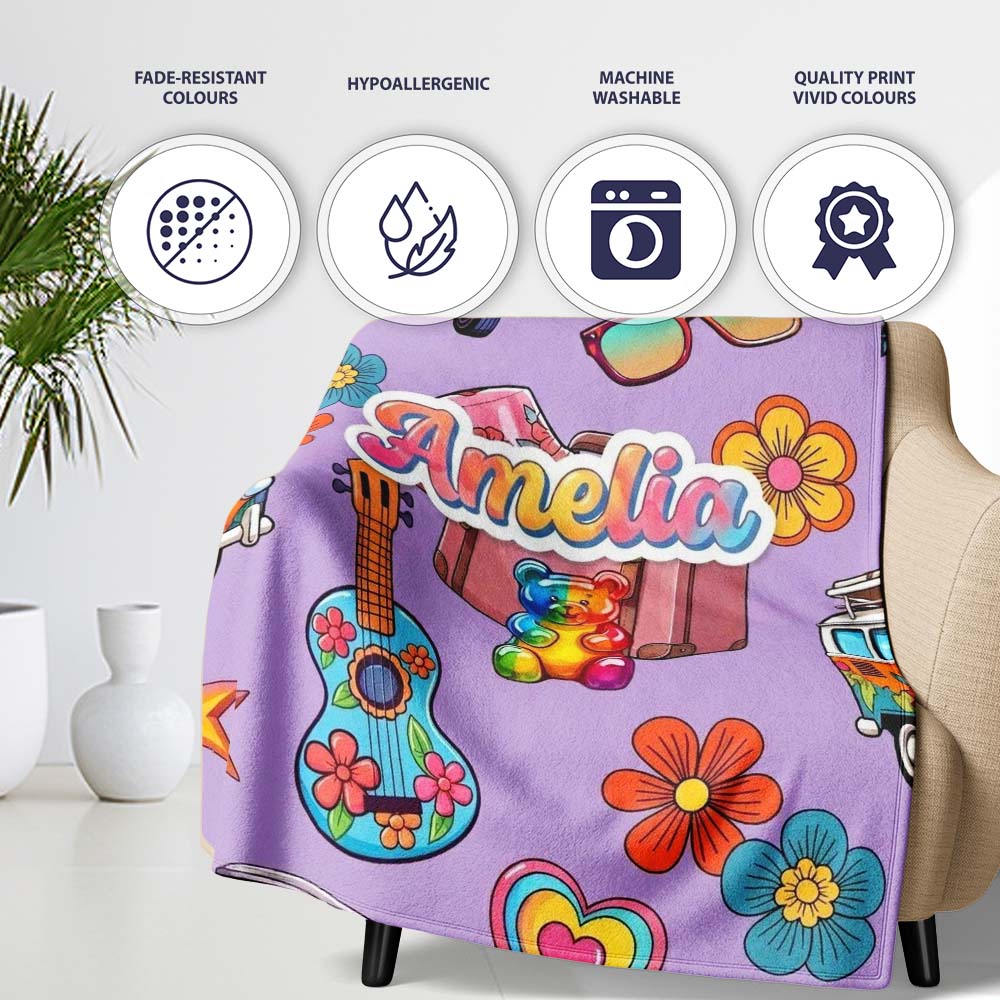 Hippie Van Camera Guitar Floral Travel Lavender Background Seamless Personalised Custom Name Super Soft Fleece Blanket Bed Sofa Throw