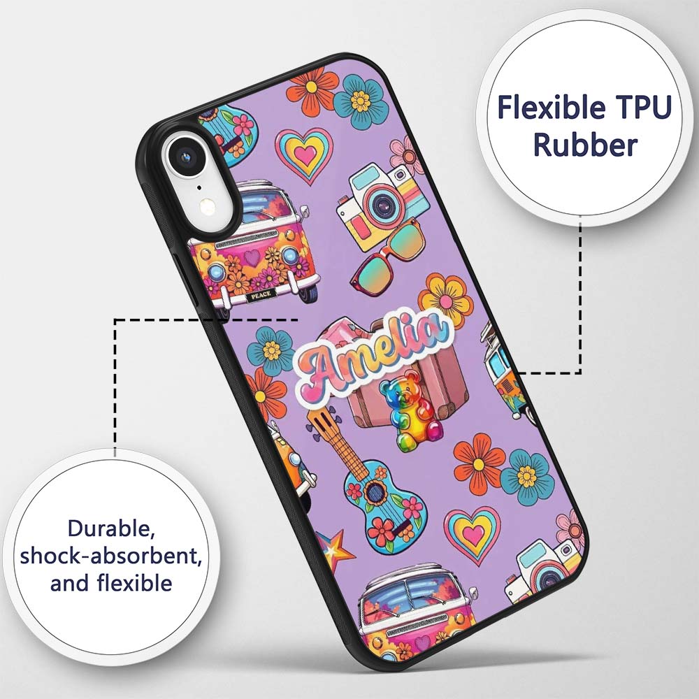 Hippie Van Camera Guitar Floral Travel Lavender Custom Name Protective Phone Case Mobile Cover Durable Everyday Smartphone Shock Resistant