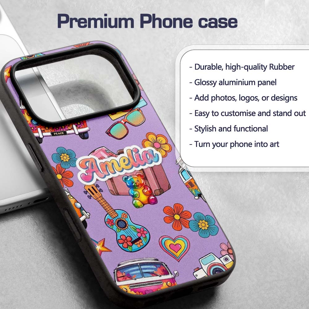 Hippie Van Camera Guitar Floral Travel Lavender Custom Name Protective Phone Case Mobile Cover Durable Everyday Smartphone Shock Resistant