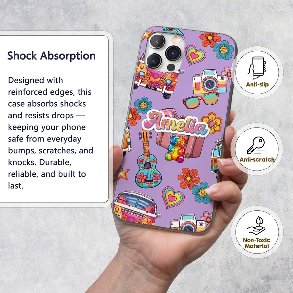 Hippie Van Camera Guitar Floral Travel Lavender Custom Name Protective Phone Case Mobile Cover Durable Everyday Smartphone Shock Resistant