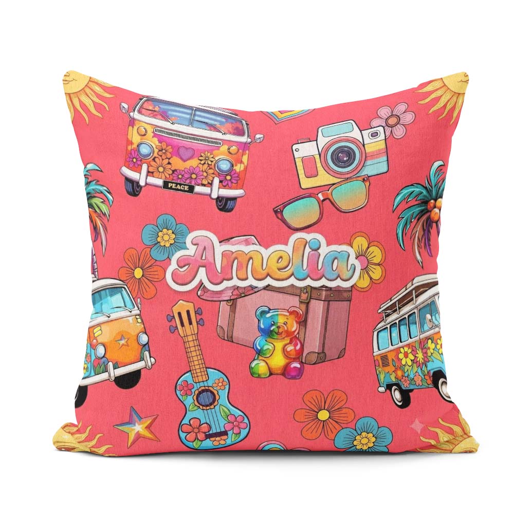 Custom Name Hippie Van Camera Guitar Floral Travel Seamless Name Square Filled Cushion Throw Pillow Sofa Bed Home Decor Zip Washable UK Made