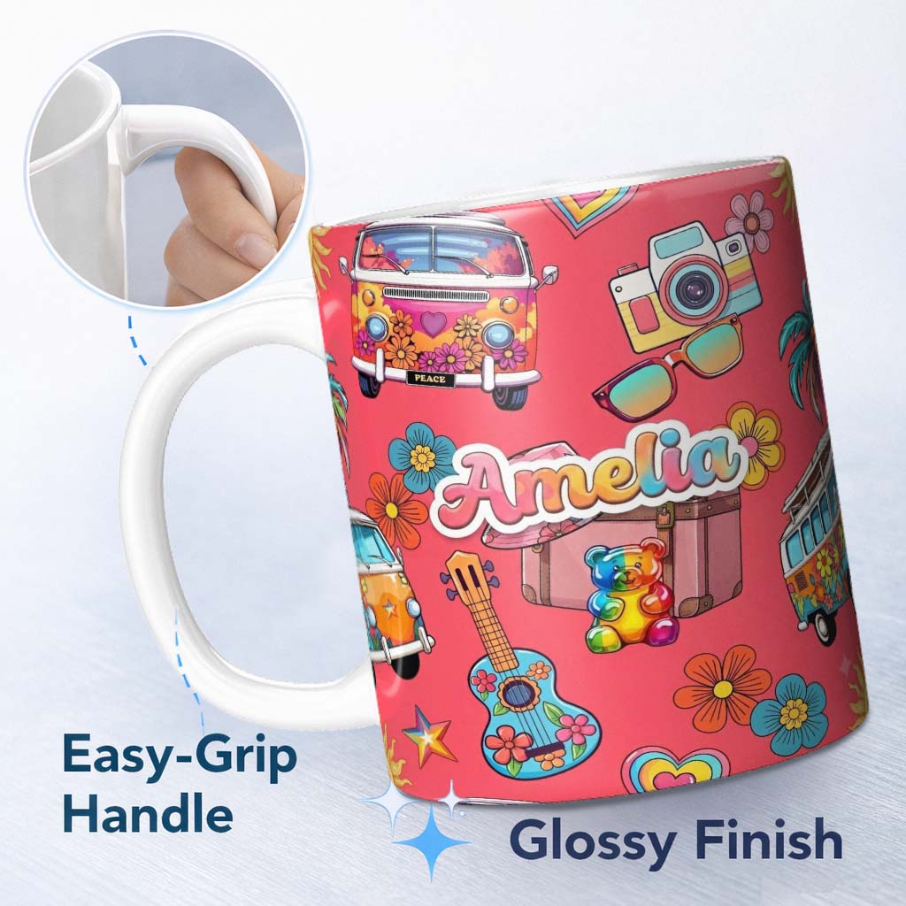 Personalized Custom Name Hippie Van Camera Guitar Floral Travel Red Background Seamless Name 11oz Ceramic Coffee Tea Mug White Large Handle
