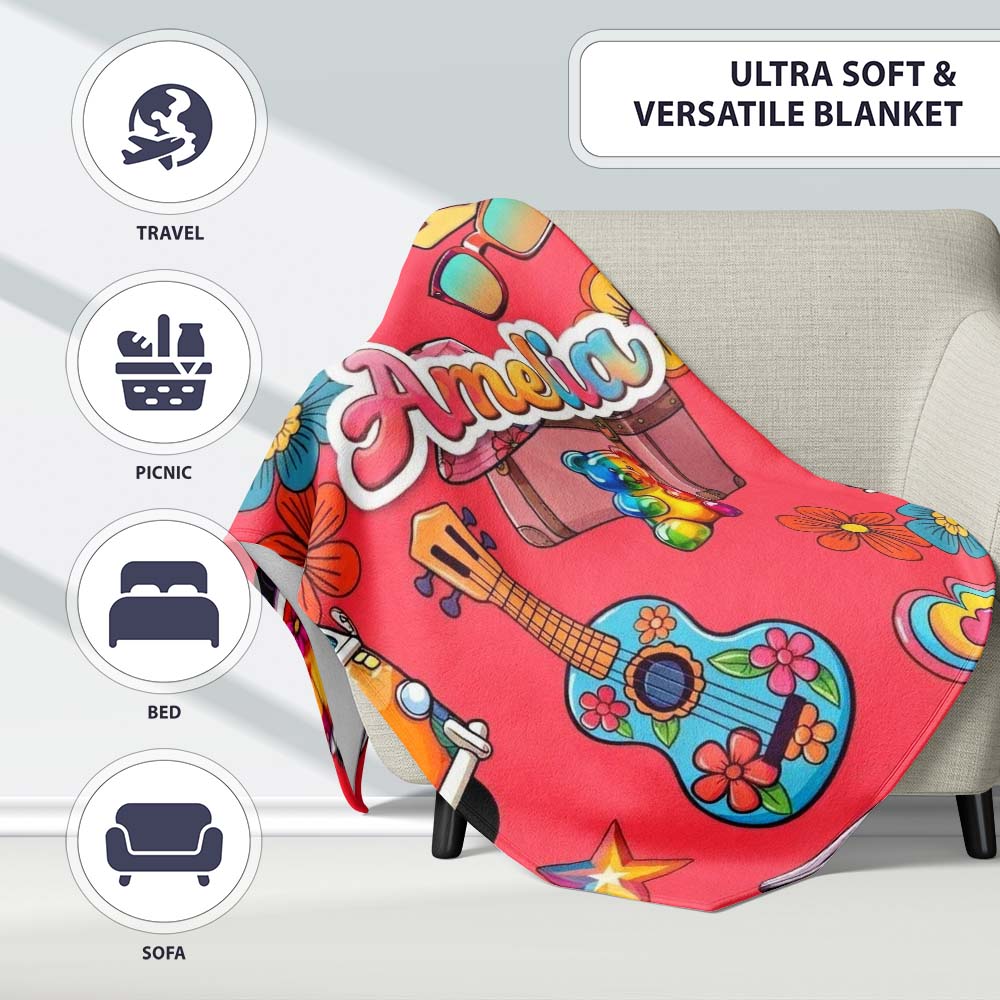 Hippie Van Camera Guitar Floral Travel Red Background Seamless Name Personalised Custom Name Super Soft Fleece Blanket Bed Sofa Throw