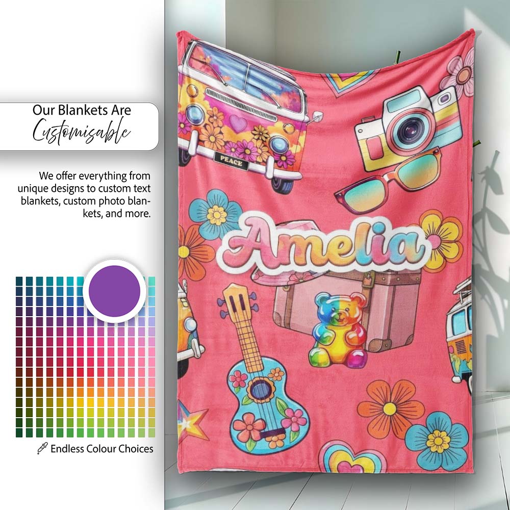 Hippie Van Camera Guitar Floral Travel Red Background Seamless Name Personalised Custom Name Super Soft Fleece Blanket Bed Sofa Throw