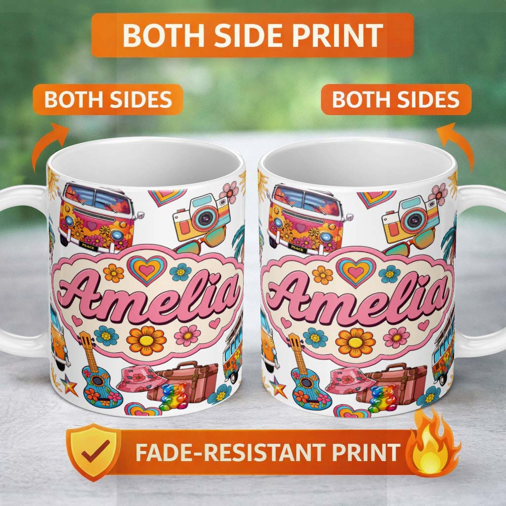 Personalized Custom Name Hippie Van Camera Guitar Floral Travel White Background Seamless 11oz Ceramic Coffee Tea Mug White Large Handle
