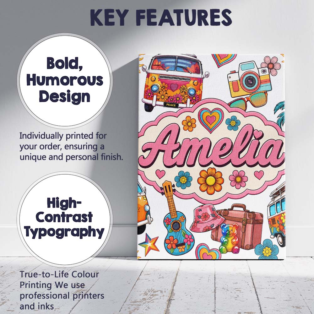 Personalised Name Hippie Van Camera Guitar Custom Unique Gift Idea Elegant Feature Canvas Wall Art Print Decor Picture Ready to Hang