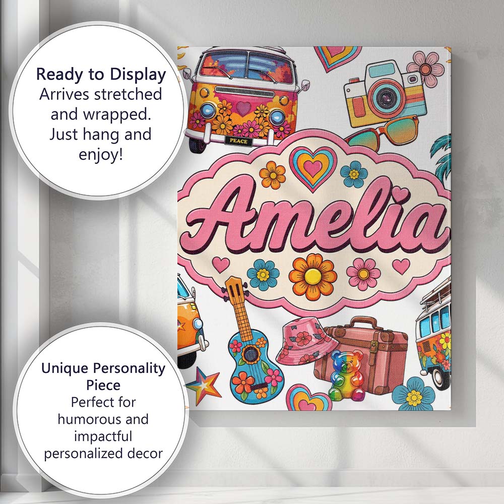 Personalised Name Hippie Van Camera Guitar Custom Unique Gift Idea Elegant Feature Canvas Wall Art Print Decor Picture Ready to Hang