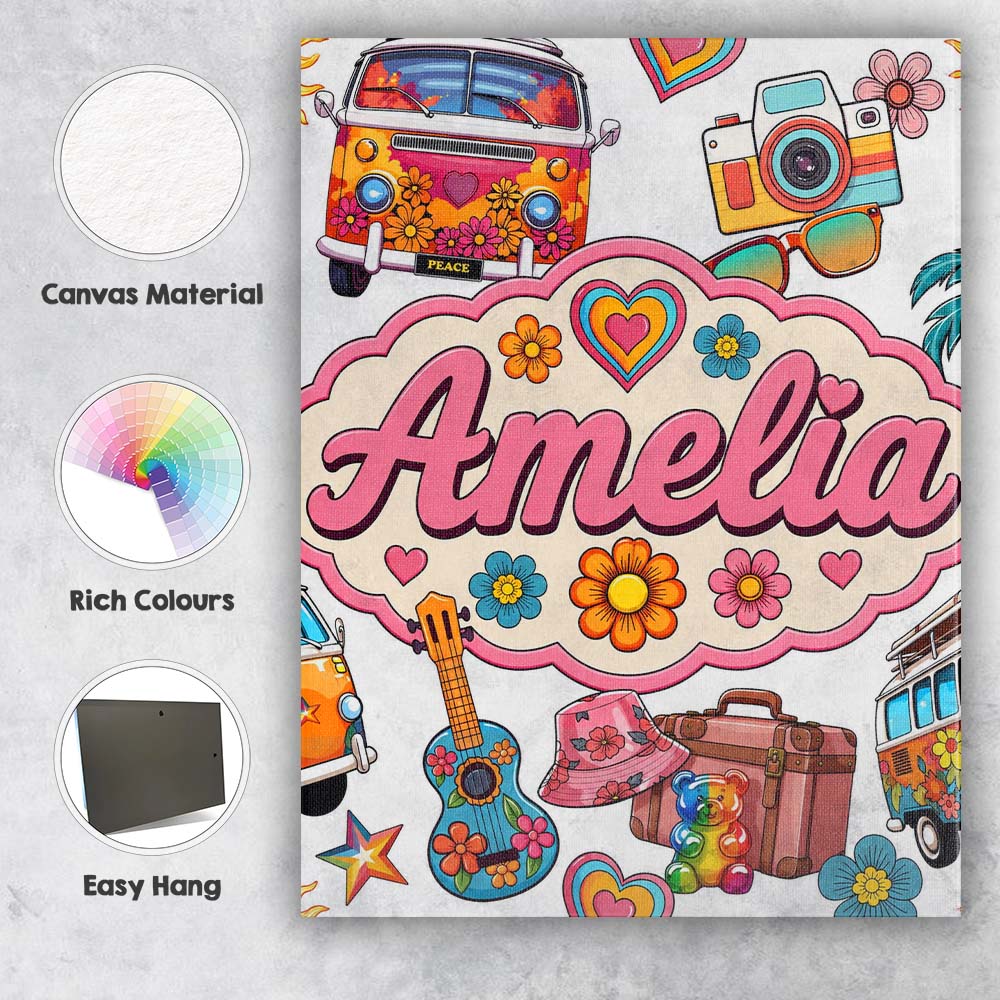 Personalised Name Hippie Van Camera Guitar Custom Unique Gift Idea Elegant Feature Canvas Wall Art Print Decor Picture Ready to Hang