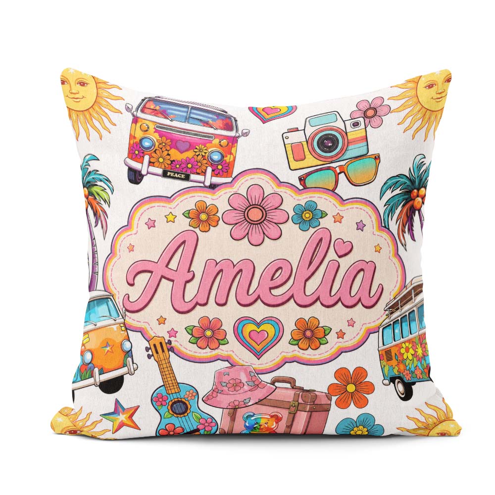 Custom Name Hippie Camera Guitar Floral Travel White Background Square Filled Cushion Throw Pillow Sofa Bed Home Decor Zip Washable UK Made