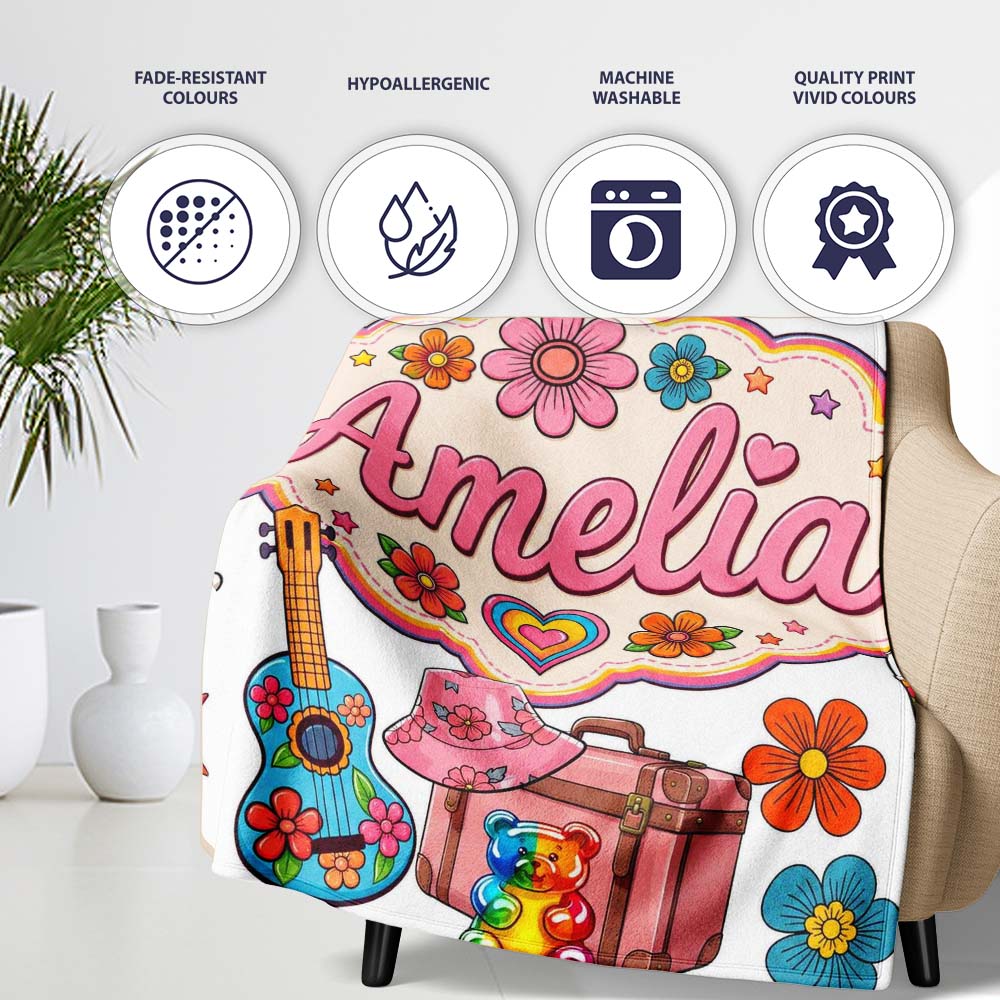 Hippie Van Camera Guitar Floral Travel White Background Seamless Personalised Custom Name Super Soft Fleece Blanket Bed Sofa Throw