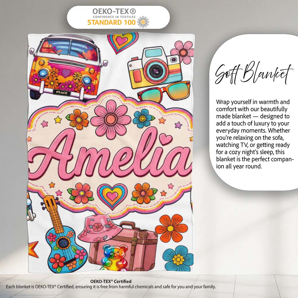 Hippie Van Camera Guitar Floral Travel White Background Seamless Personalised Custom Name Super Soft Fleece Blanket Bed Sofa Throw