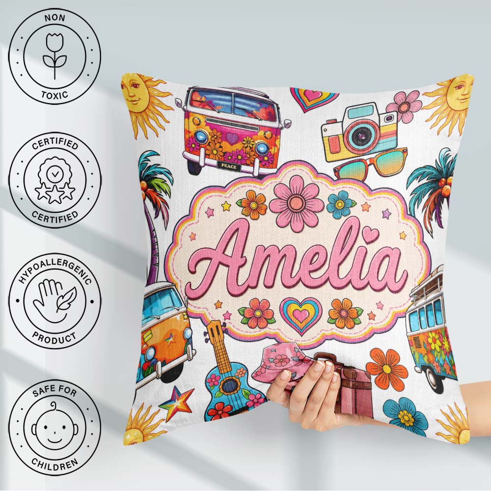 Custom Name Hippie Camera Guitar Floral Travel White Background Square Filled Cushion Throw Pillow Sofa Bed Home Decor Zip Washable UK Made