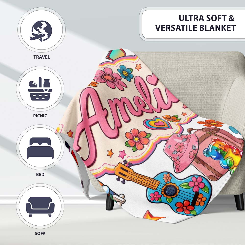 Hippie Van Camera Guitar Floral Travel White Background Seamless Personalised Custom Name Super Soft Fleece Blanket Bed Sofa Throw