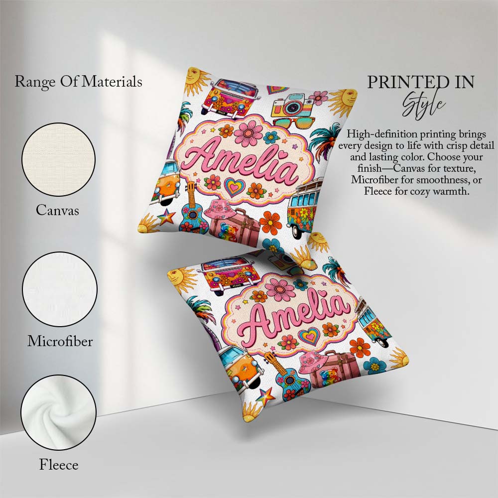 Custom Name Hippie Camera Guitar Floral Travel White Background Square Filled Cushion Throw Pillow Sofa Bed Home Decor Zip Washable UK Made